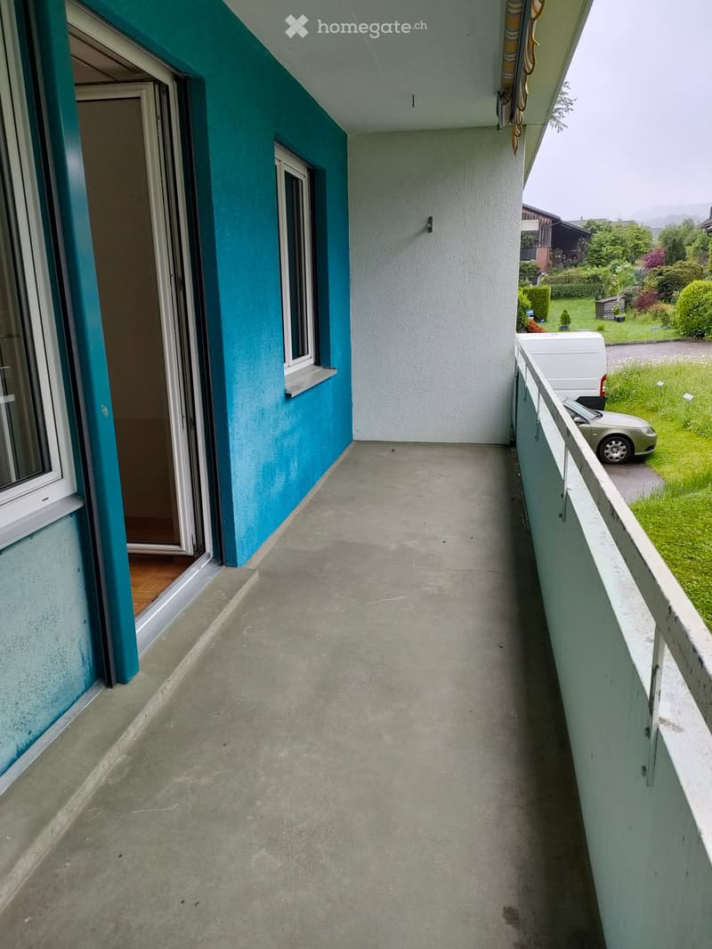 Balcony with concrete floor, white railing, and blue wall on one side. An open door leads to an interior space with wooden flooring visible.