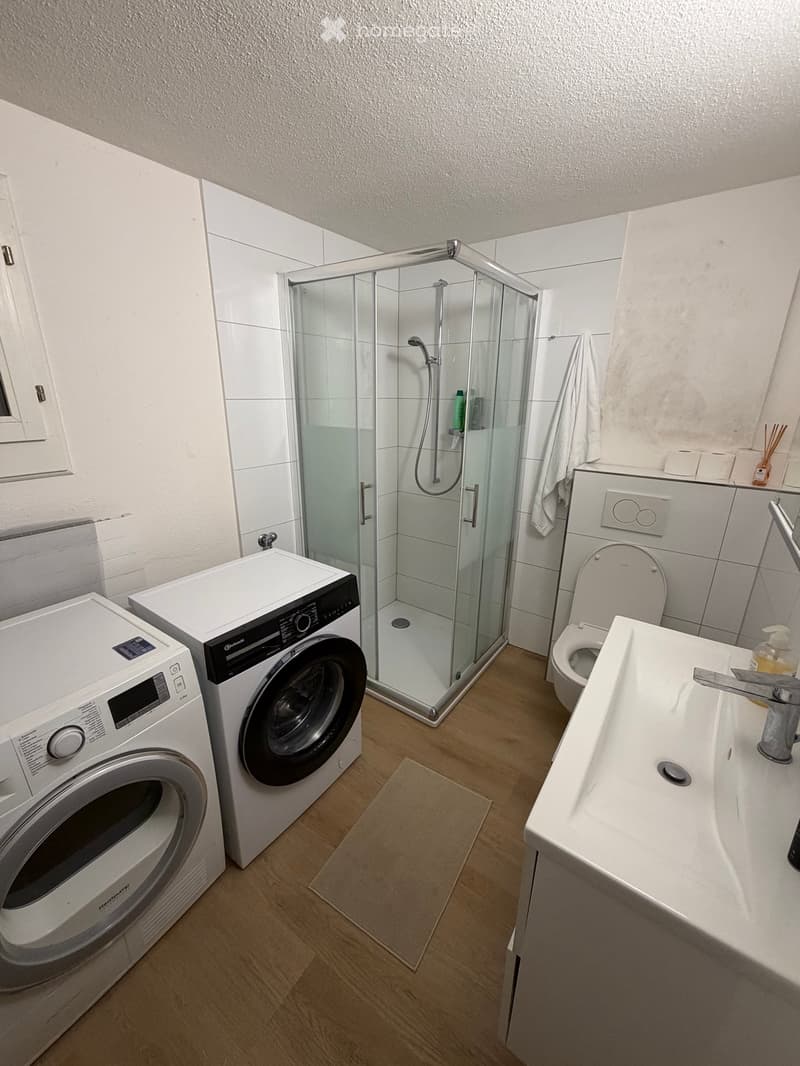 Modern bathroom with white tiles, a glass-enclosed shower, a toilet, a sink, and a washing machine. Wooden flooring and a small beige rug are present.