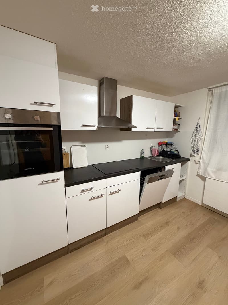 Modern kitchen with white cabinets, black countertops, and wooden flooring. Features an oven, dishwasher, sink, and range hood.