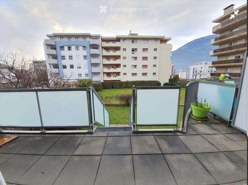 Balcony with grey tiled floor, glass balustrade, and a green potted plant on the right side.