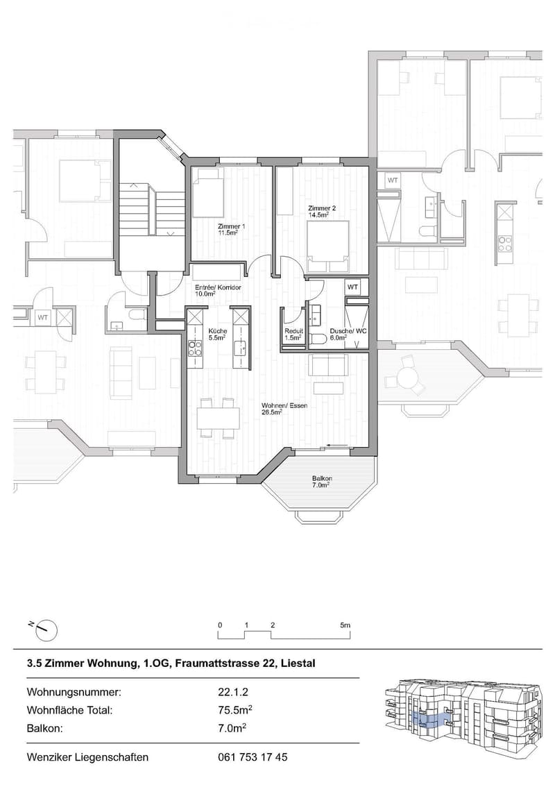 Floor plan of a 3.5-room apartment on the first floor, including two bedrooms, a kitchen, a living/dining area, a balcony, and bathrooms.