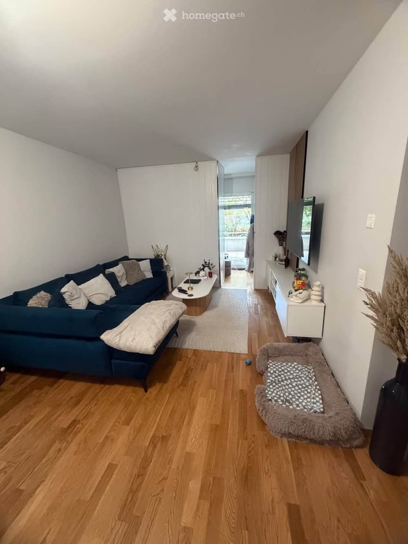 Living room with wooden flooring, blue sectional sofa, coffee table, dog bed, side table, television, and decorative vases.