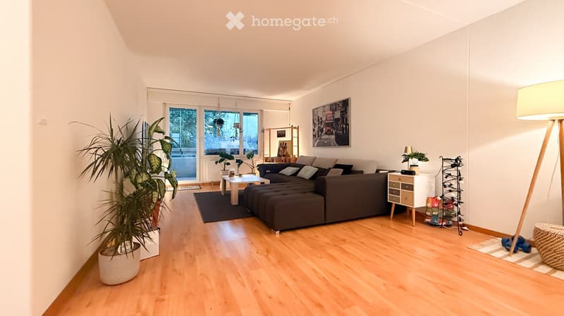 Modern living room with light wooden flooring, large window, grey sectional sofa, coffee table, side table, floor lamp, picture frame, potted plants, sideboard, and shoe rack.