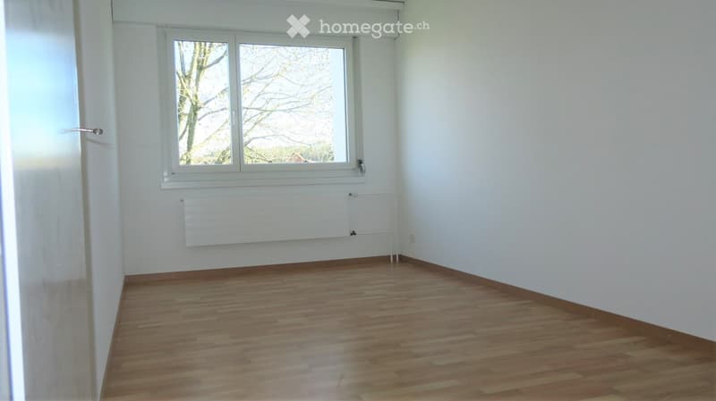 Empty room with wooden flooring, white walls, and a large window with a view of trees.