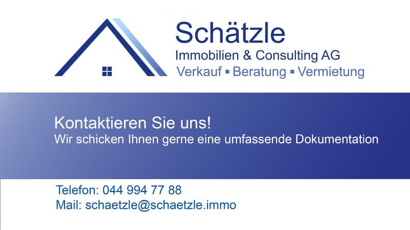 Business card for Schätzle Immobilien & Consulting AG, featuring logo, contact information, and services offered.