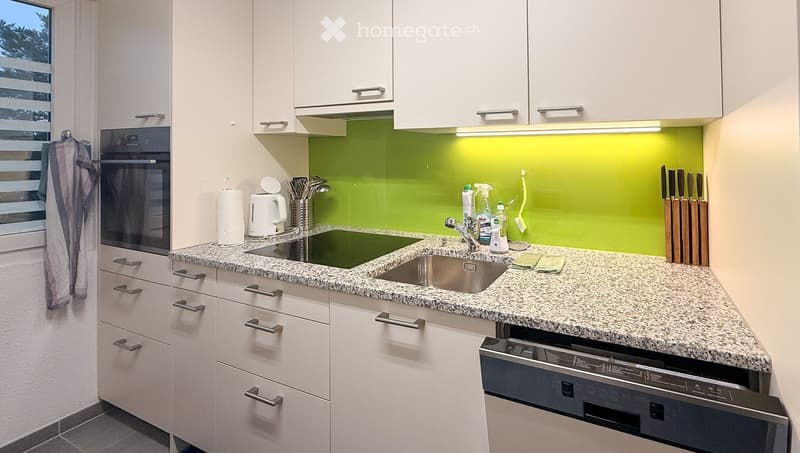 Modern kitchen with white cabinets, granite countertop, built-in oven, dishwasher, and various kitchen utensils and appliances.