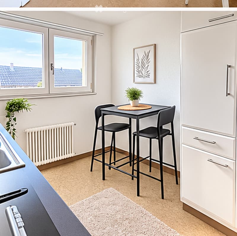 Modern kitchen with white cabinets, a small dining area featuring a round table and two black stool chairs, a potted plant, and a framed picture on the wall. The room has large windows with a view of rooftops and a radiator under the windows.
