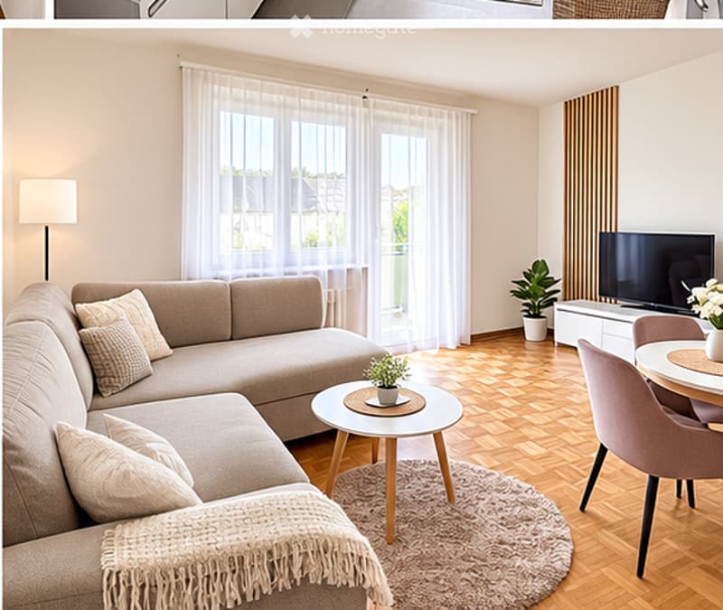 Modern living room with a beige sectional sofa, wooden coffee table, round dining table with chairs, floor lamp, TV, and small potted plants.