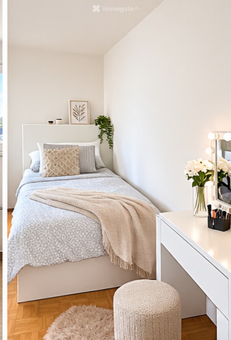 A modern, minimalist bedroom with a white bed, grey bedding, a nightstand with a mirror, a small round stool, and a vase with white flowers on the dresser.