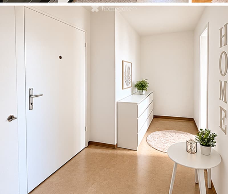 A narrow hallway with light-colored walls and wooden flooring. A small white cabinet with drawers is positioned against the wall, topped with a potted plant. A round white rug lies on the floor, and a small white side table with another potted plant sits