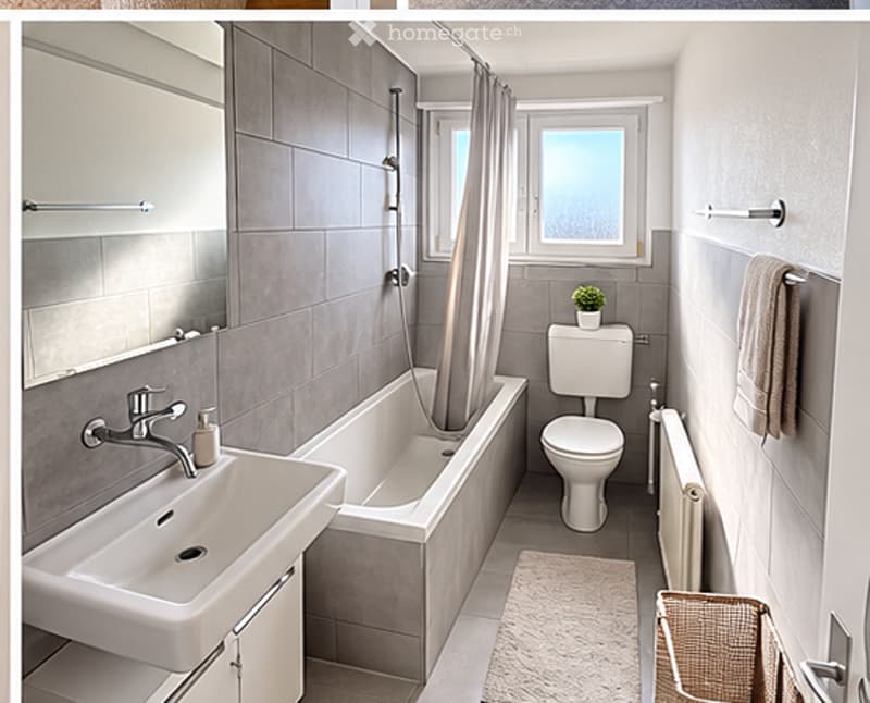 Modern bathroom with a white sink, bathtub, toilet, shower curtain, towel, small plant, and radiator. The walls are tiled in grey, and there is a small window above the bathtub.
