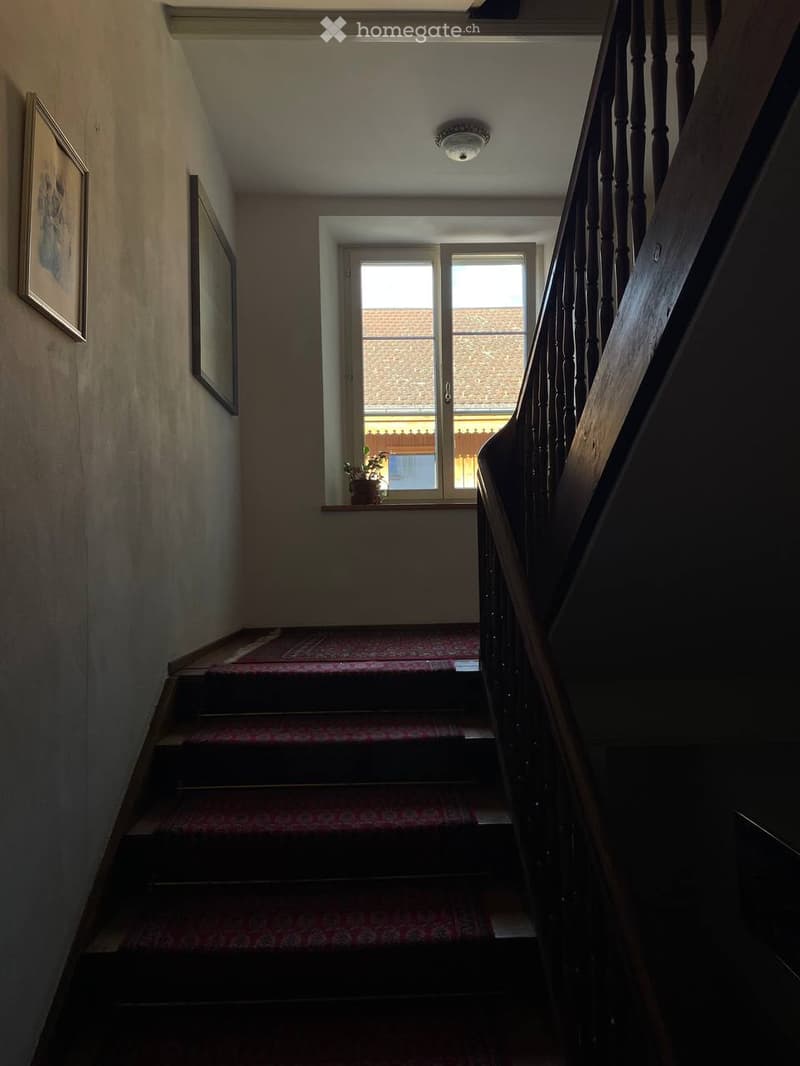 Staircase with wooden handrail and patterned red carpet, leading to a landing with a window and small plant on the sill.