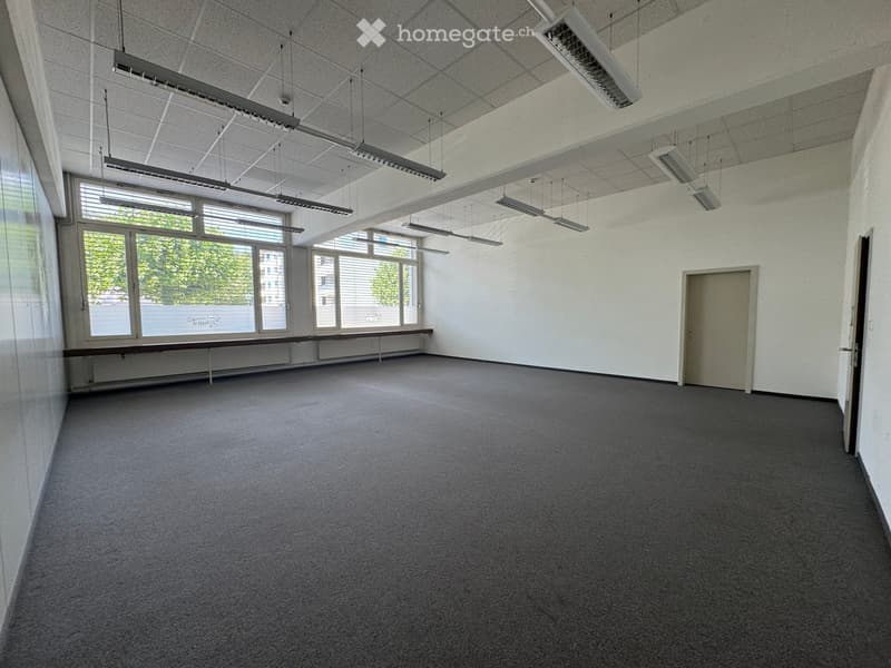 Empty room with grey carpet, white walls, large windows, and a single door.