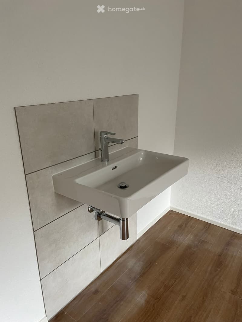 Modern bathroom with a white sink, chrome faucet, and wooden flooring.