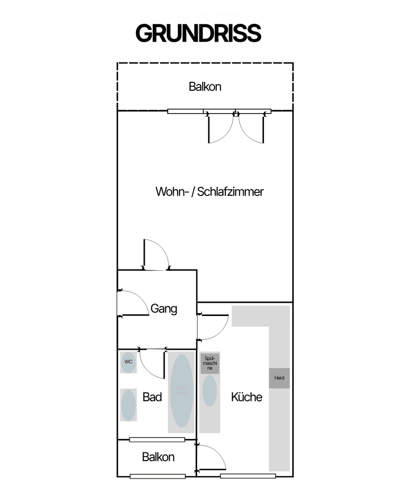 Floor plan showing a combined living/sleeping room, kitchen, bathroom, hallway, and two balconies.