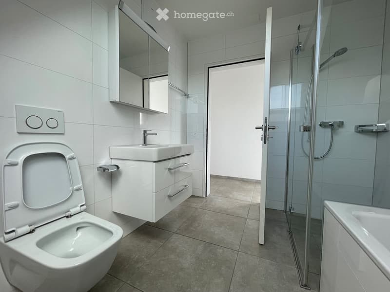 Modern bathroom with white tiles, a toilet, a sink with a cabinet, a mirror, a bathtub, and a glass-enclosed shower area.