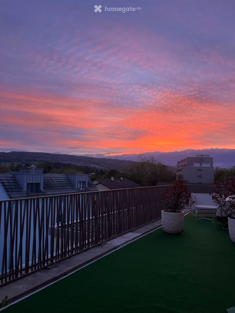 Rooftop terrace with green artificial turf, modern metal railing, and a view of the city and sunset sky.