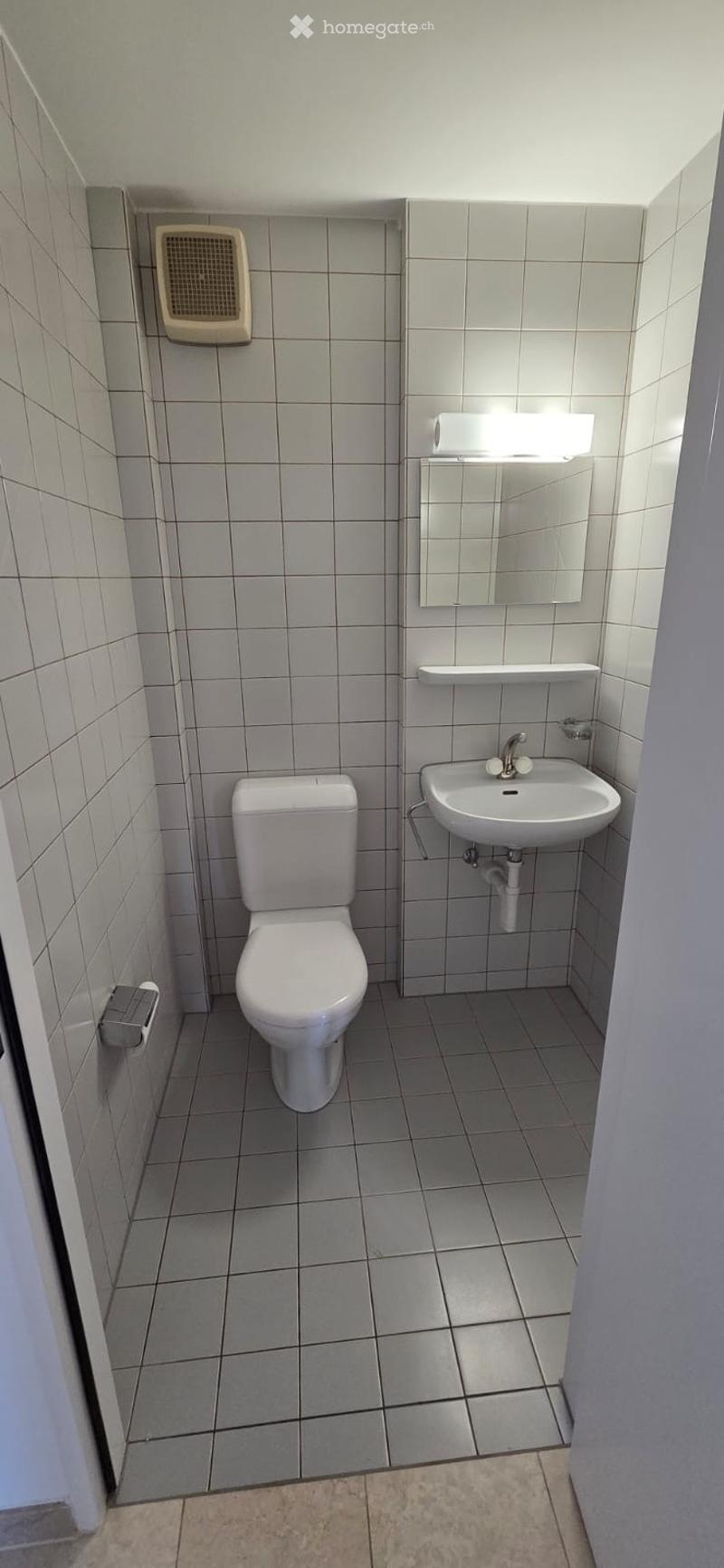 Small bathroom with white tiled walls and floor, featuring a toilet, sink with mirror, and a light fixture above the mirror.
