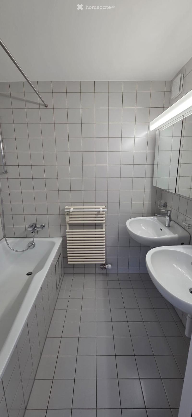 Modern bathroom with grey tiles, a bathtub, two sinks, a radiator, and a mirror.