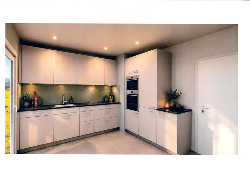Modern kitchen with white cabinets, stainless steel appliances, and a central island with a sink and decorative items.
