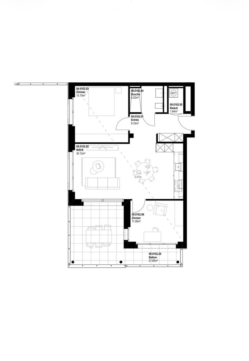 Floor plan of a residential unit with multiple rooms including a living area, kitchen, bedrooms, bathroom, and balcony.