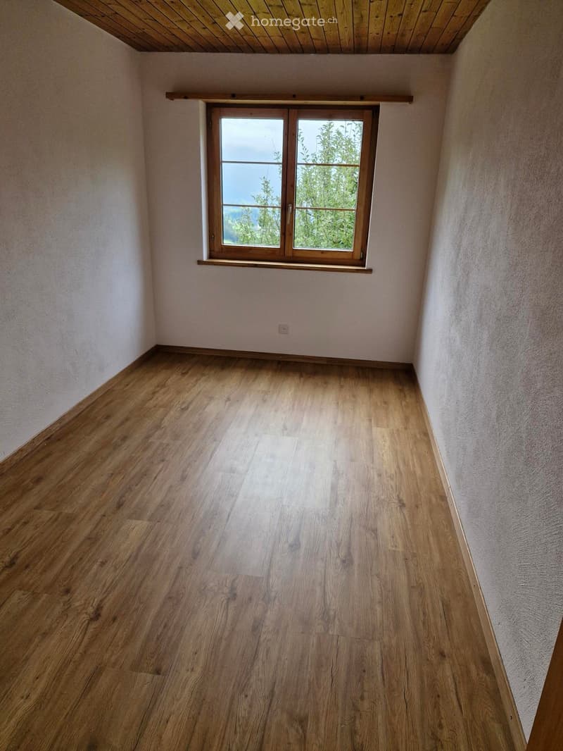 Empty room with wooden flooring, light-colored walls, and a large window with wooden frame offering a view of greenery.