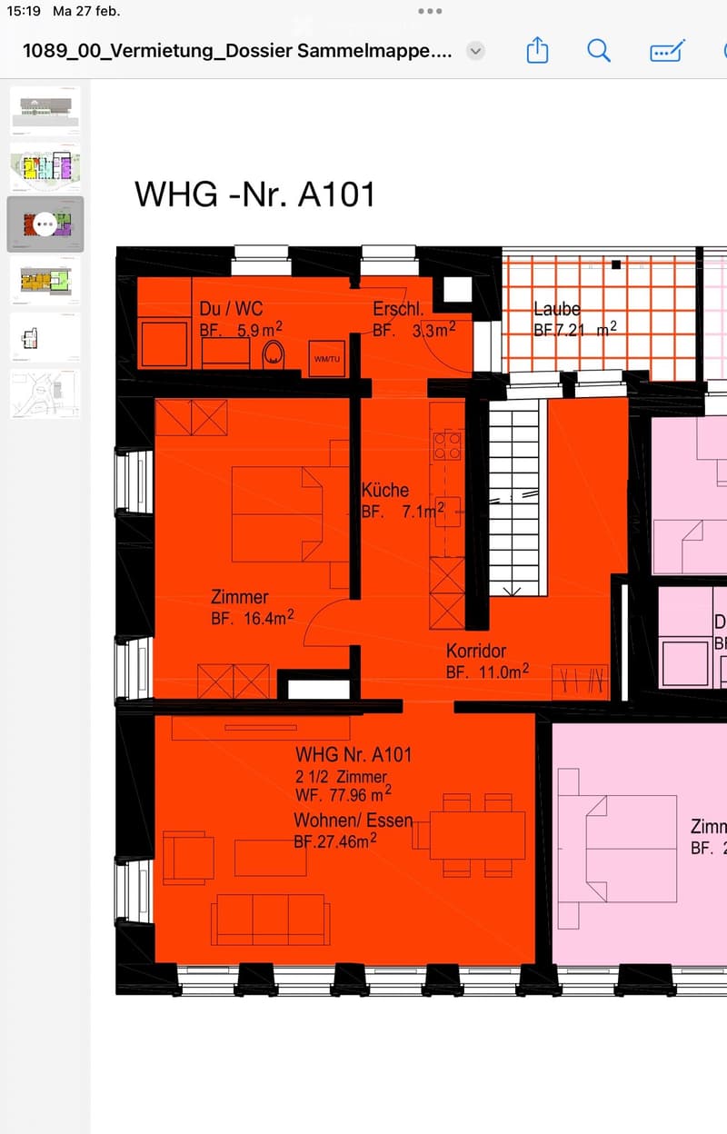 Floor plan of apartment WHG-Nr. A101, showing two levels with rooms labeled including kitchen, living/dining area, bedroom, bathroom, hallway, and entrance area.