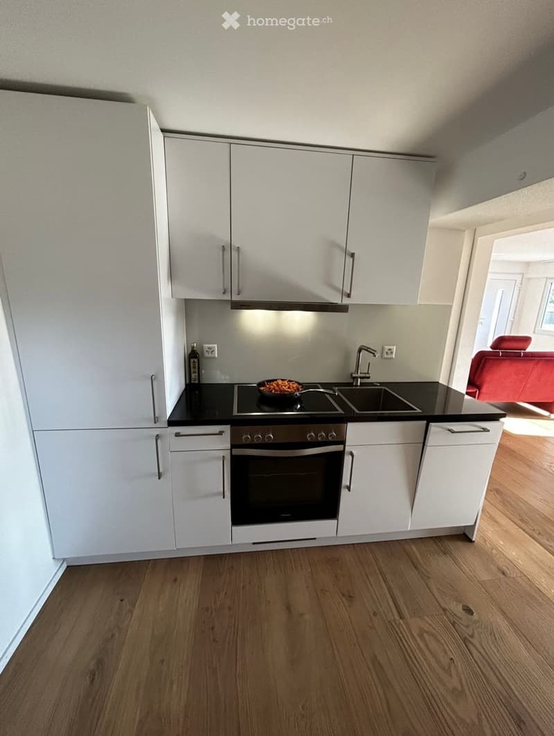 Modern kitchen with white cabinets, black countertops, and stainless steel appliances, including an oven, stove, and sink. Wooden flooring and a small red couch visible in the adjacent room.