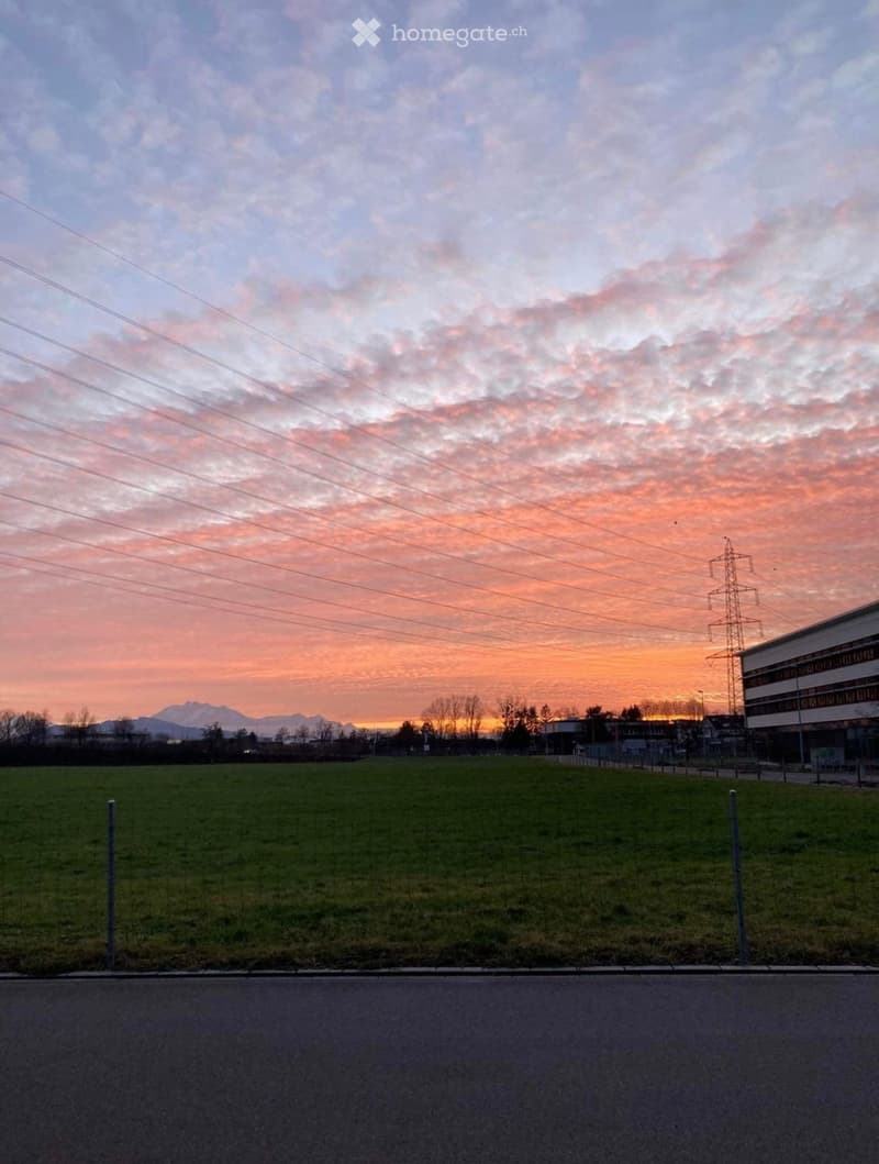 Open green field with a road in the foreground, distant buildings, and a colorful sunset sky with power lines and a transmission tower.