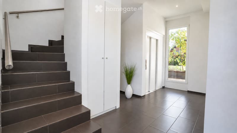 Modern hallway with dark tiled stairs, white walls, and a large window showing greenery outside. A white vase with tall plants is placed near the stairs.