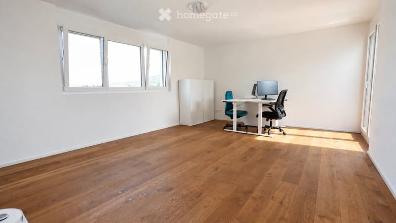 Bright, unfurnished room with wooden flooring, large windows, a desk with a chair, a screen, and a cabinet.