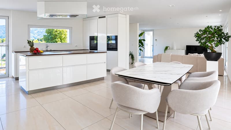 Modern open-plan kitchen and living area with white cabinetry, a central island, a dining table with chairs, a sofa, and a television. The space features large windows with scenic views and a potted plant near the TV.