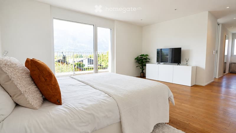 Modern bedroom with a large bed, pillows, a television on a white cabinet, and a plant near the window offering a scenic view.