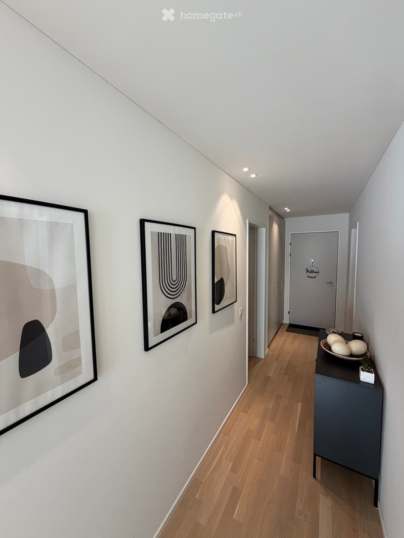 Modern hallway with light wooden flooring, white walls, and several framed abstract artworks. A small console table with decorative items is visible at the end of the hallway.