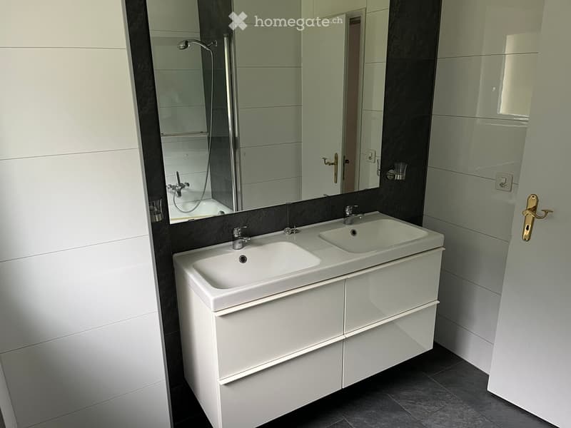 Modern bathroom with double sink vanity, mirrored cabinet, and sleek fixtures.