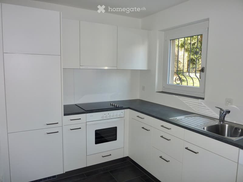 Modern kitchen with white cabinets, black countertops, stainless steel sink, and built-in oven.