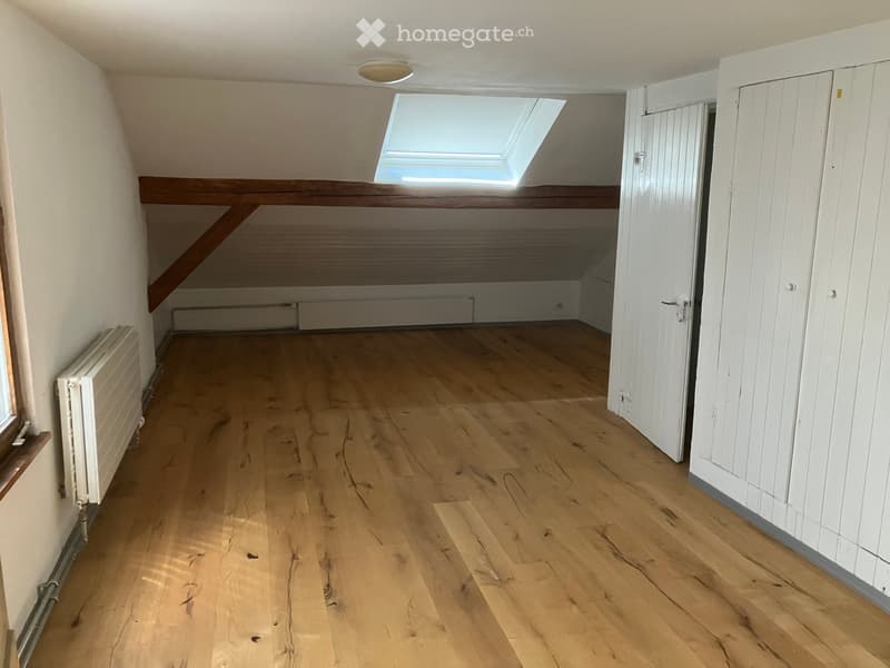 Empty attic room with wooden flooring, white walls, built-in storage, and a skylight window providing natural light.