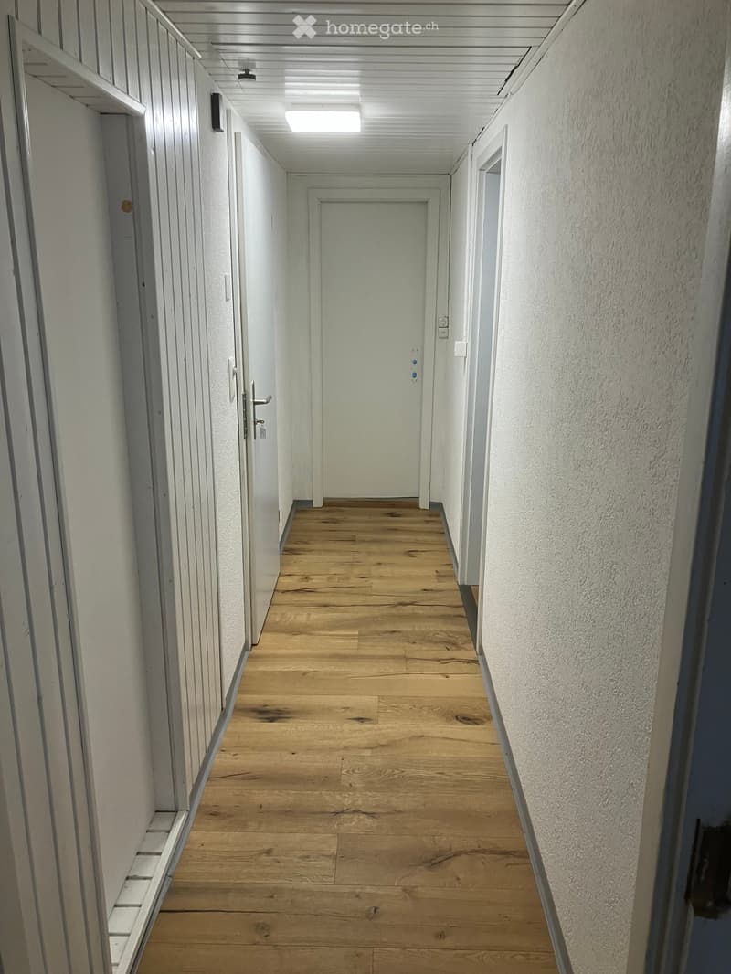 A long, narrow hallway with wooden flooring, white walls, and several doors on both sides.