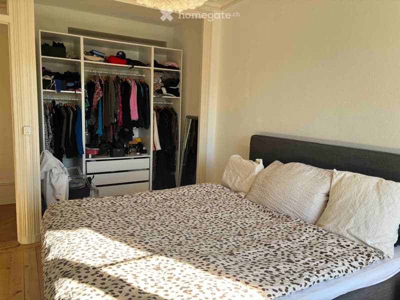 Well-lit bedroom with a large bed covered in a leopard-print duvet, a built-in wardrobe with hanging clothes and shelves, and a mirror leaning against the wall.