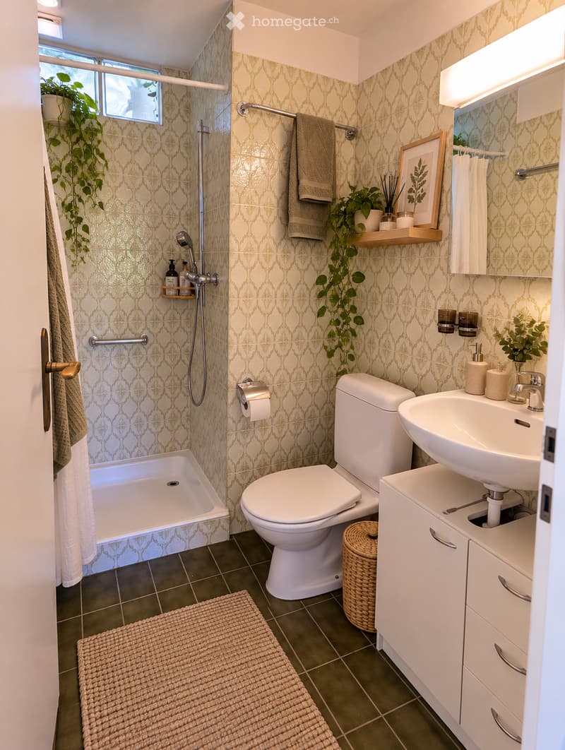 Bathroom with green tiles, white fixtures, a bathtub, toilet, sink, mirror, towel, plant, and a framed picture on a shelf.