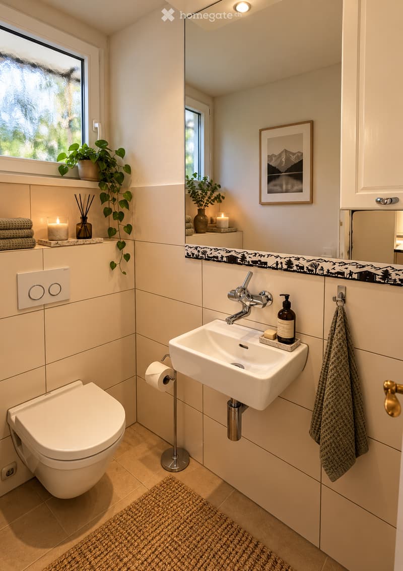 Modern bathroom with white tiles, a toilet, a sink with a modern faucet, a mirror, a towel, a candle, a plant, a picture frame, and a soap dispenser.