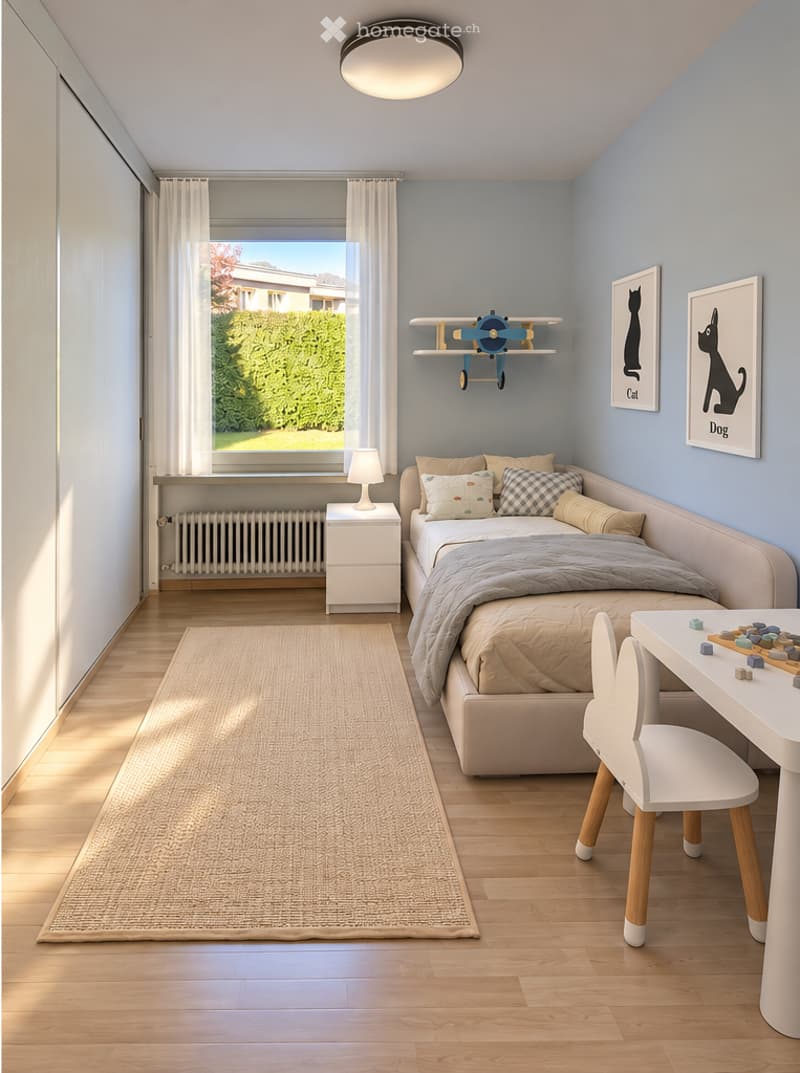 Bright, modern bedroom with a sofa bed, nightstand, table lamp, desk, and a shelf with a toy airplane. Light blue walls, wooden flooring, and large window with white curtains.