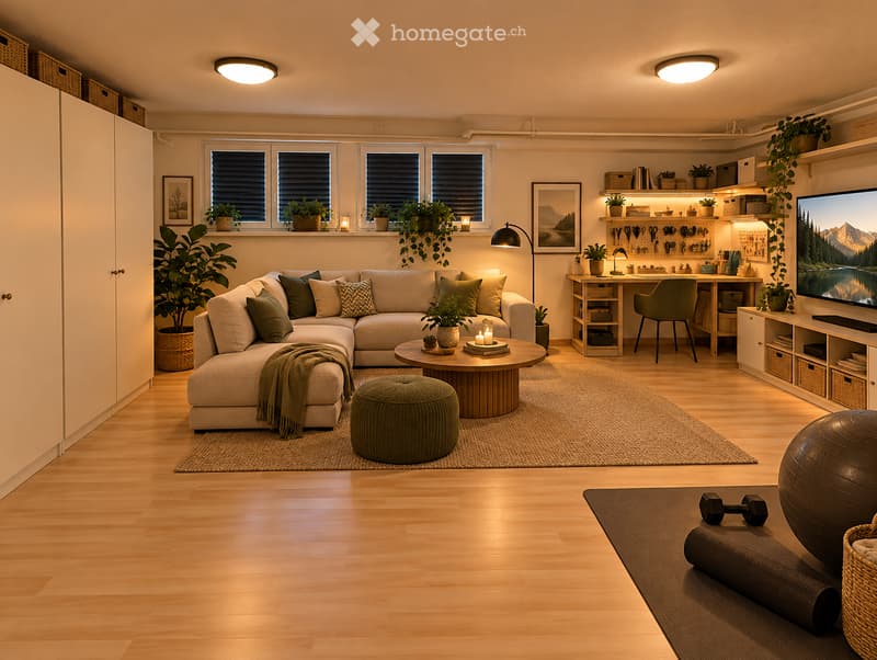 Modern living room with a sectional sofa, coffee table, ottoman, and a desk area with a chair and screen. The room features wooden flooring, large windows with plants, and decorative items including a yoga mat, dumbbell, and exercise ball.