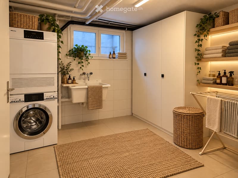 Modern bathroom with white tiled walls, a washing machine, a sink with a window above, a wicker basket, a wicker rug, and a towel rack with towels.