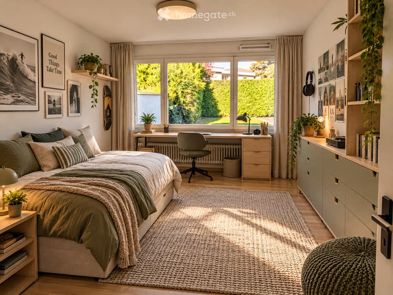 Cozy bedroom with a large bed, nightstand, desk, chair, and various decorative items including potted plants, picture frames, and a skateboard on the wall.
