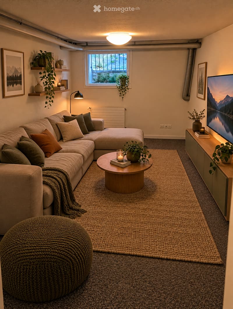 Modern living room with a sectional sofa, coffee table, round ball chair, TV stand, floor lamp, and decorative plants.