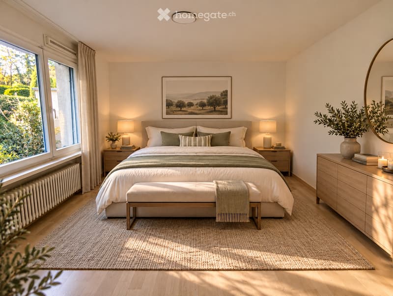 Modern bedroom with a large bed, nightstands, lamps, a bench at the foot of the bed, a large mirror, and a picture frame on the wall. The room features wooden flooring and large windows with a view of greenery.