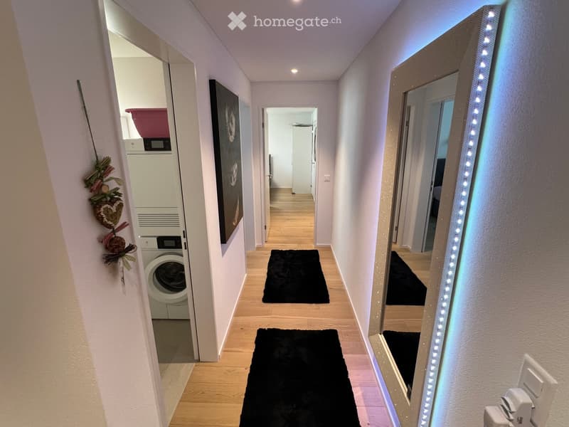 A narrow hallway with wooden flooring, black rugs, and a washing machine visible in an adjacent room. The hallway features a large mirror with LED lighting on the right side and a decorative hanging on the left.