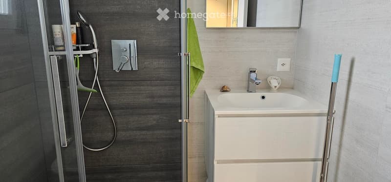 Modern bathroom with a white sink, chrome faucet, mirror, glass shower enclosure, and a towel hanging on the side.