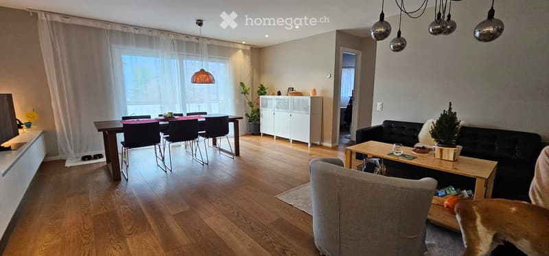 Open-plan living and dining area with wooden flooring, large windows, a grey sofa, coffee table, dining table with chairs, and a potted plant.